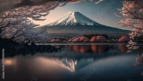 Stunning view of Mount Fuji in Japan with cherry blossoms in the foreground. AI-generated.