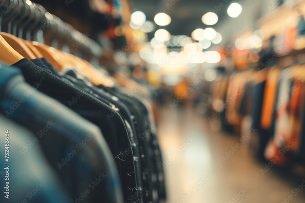 Abstract blur background of charity shop or thrift store, which sell second hand, used clothing, accessories, books and household goods - obrazy, fototapety, plakaty 