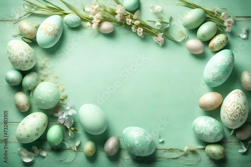 Soft mint green background adorned with elaborate Easter embellishments and an array of eggs, crafting an ethereal setting for your celebratory words