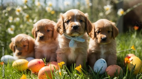 AI generated illustration of several adorable golden retrievers in a lush grassy field