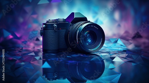 AI-generated illustration of a digital camera presented against a backdrop of vibrant triangles.