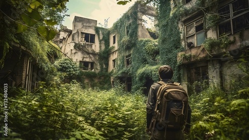 AI generated illustration of a man stands against an abandoned building covered with greenery