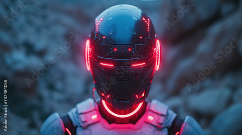 Human Merging with AI Technology Half Human Half Robot. A cinematic still from a fictional movie based in the future. Background image. Created with Generative AI technology © Artem
