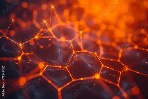 Abstract geometric background. with hexagons. Structure of human brain cells, neurons glowing orange and red colors. Medicine, technology, communication concept © Sardar