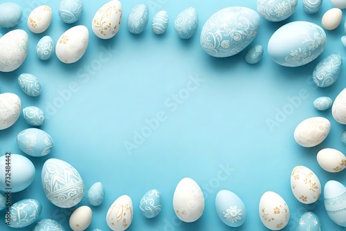 Gentle sky-blue atmosphere featuring intricate Easter details and an array of eggs, offering a serene space for your celebratory text
