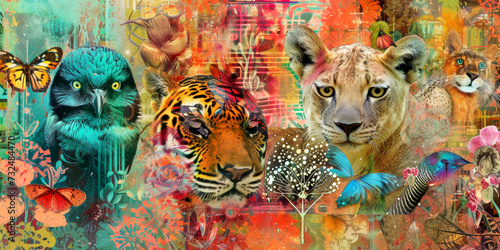 Exotic plant, flower and animals. Art collage. Wildlife banner