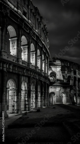 AI generated illustration of the Roman Colosseum illuminated by street lamps in black and white