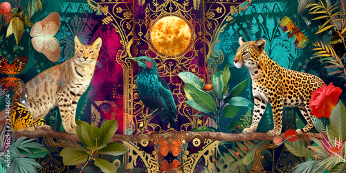 Exotic plant, flower art and wild cats. Art collage. Jungle wildlife banner