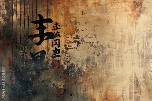 Abstract vintage Japanese calligraphy stroke painting style. lacquer painting. Hand edited generative AI. photo