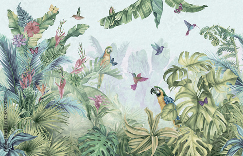 3d illustration of tropical forest with birds and flowers  © ganesh_502