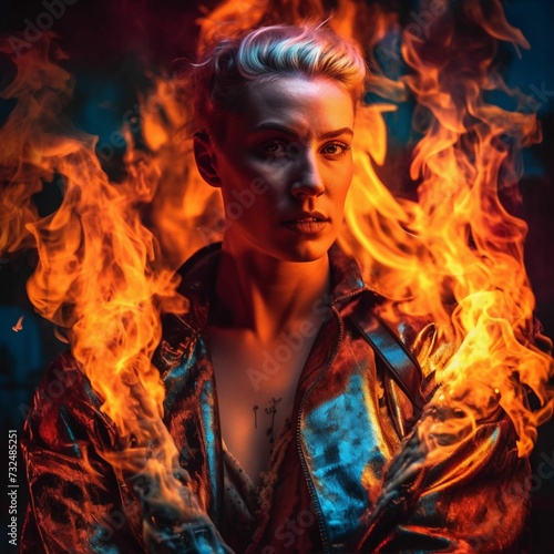 AI Generated Illustration: Hyper-Realistic Portrait of a Non-Binary Fire Performer