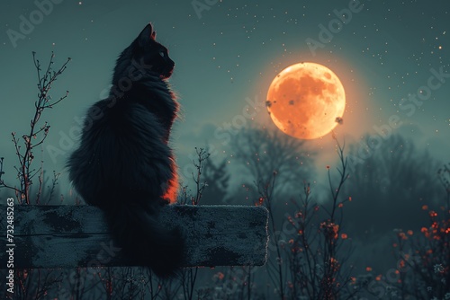 A Black Cat Staring at the Full Moon Generative AI