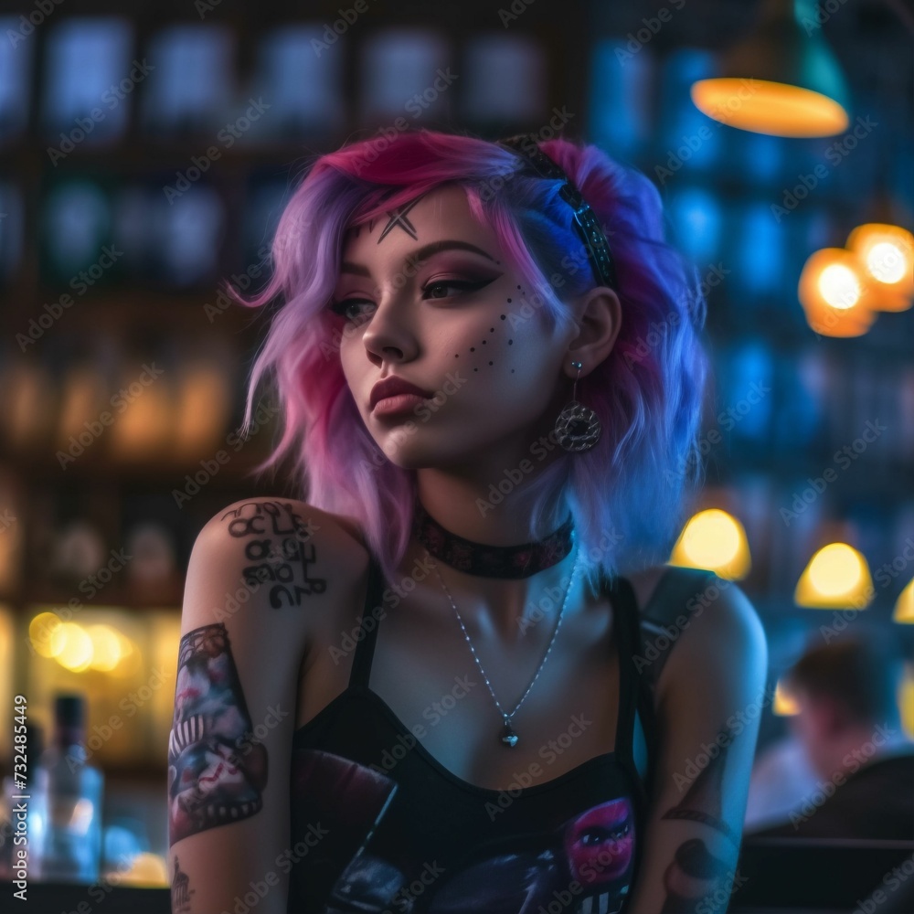 AI generated young woman with pink hair looking away in street AI generated young woman with pink hair looking away in street