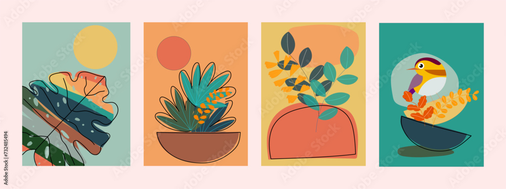 Obraz premium Set of botanical floral wall art , poster, brochure, flyer template, cover and cards. Contemporary collage organic shapes and pattern doodle abstract.
