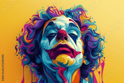 Surreal and artistic representation of a clown face with flowing hair