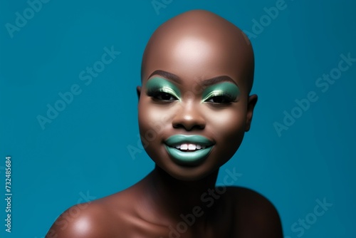 Beautiful smiling African-American woman with a shaved head and blue makeup, AI-generated