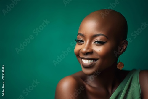 African-American woman with a shaved head smiling while wearing a green dress, AI-generated photo