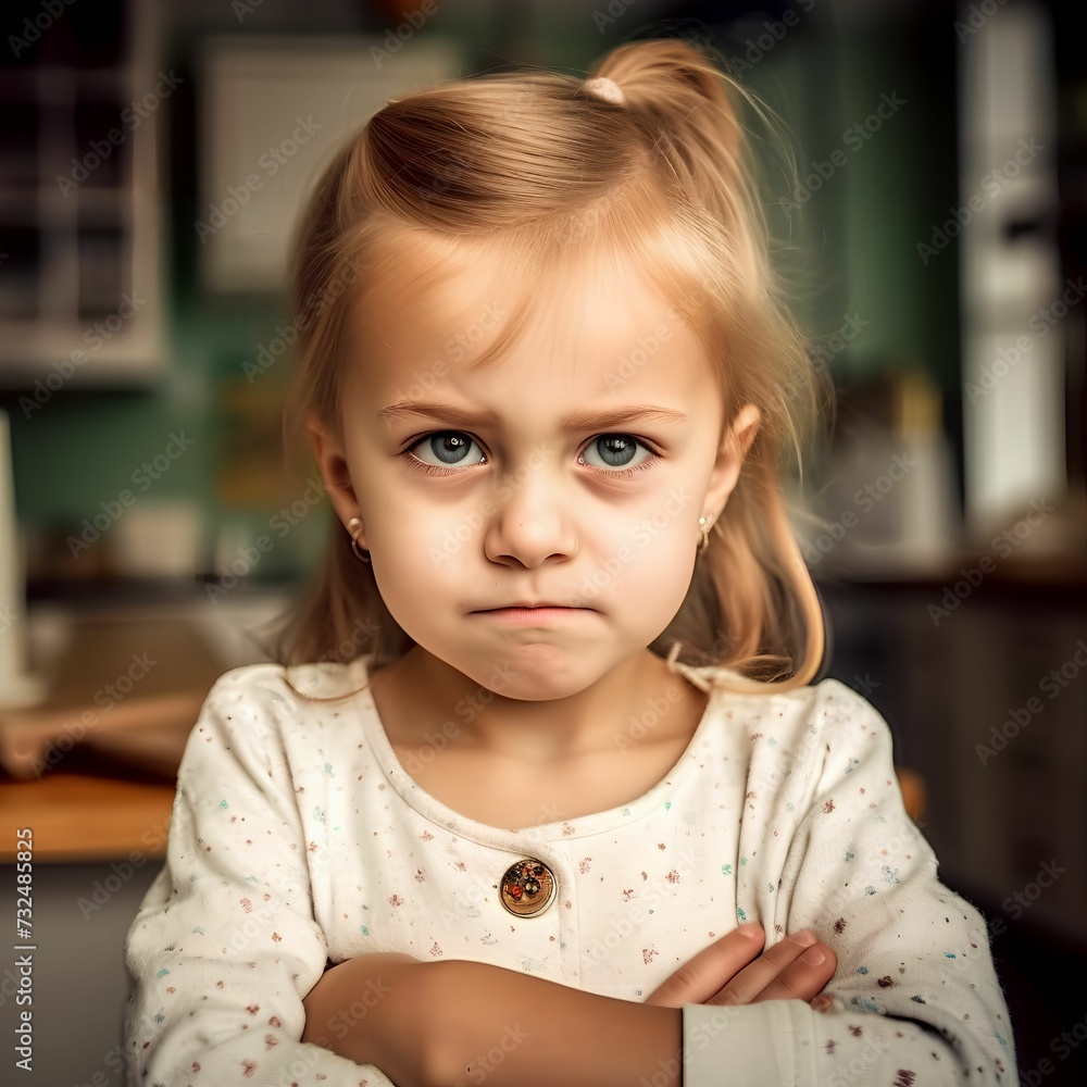 AI generated illustration of an upset kid in a kitchen setting with their arms crossed AI generated illustration of an upset kid in a kitchen setting with their arms crossed