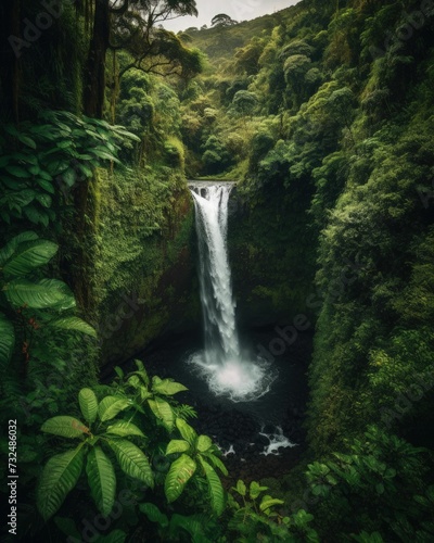 AI generated illustration of a scenic view of a lush forest with a cascading waterfall