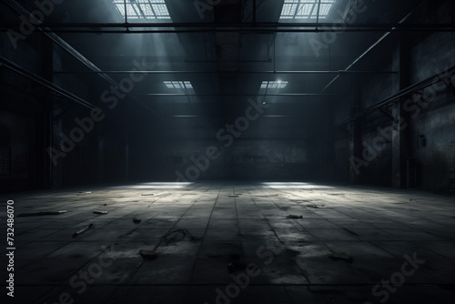 dark underground space abandoned, dirty, sunlight from ceiling windows