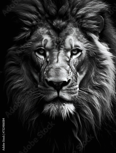 AI-generated illustration of a black and white photograph of a powerful lion with an intense stare © Wirestock