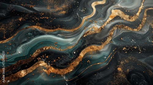A lavish marble slab is the setting for an abstract sight that is both extravagant and captivating: flowing ribbons of molten gold, ethereal jade, and black ebony. 