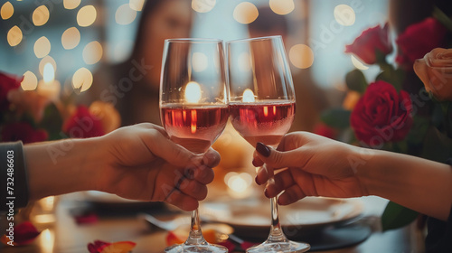 Couple, hands and toast with wine glass for home celebration of love, romance and valentines day on anniversary. People, table and date success with red champagne, drinks or luxury dinner with roses photo