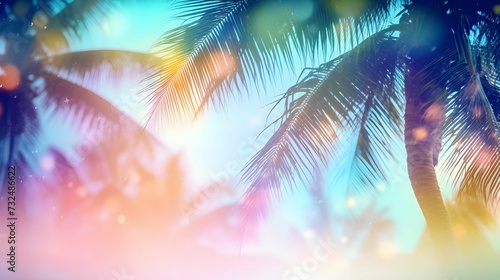 AI generated illustration of the palm trees with bright bokeh lights