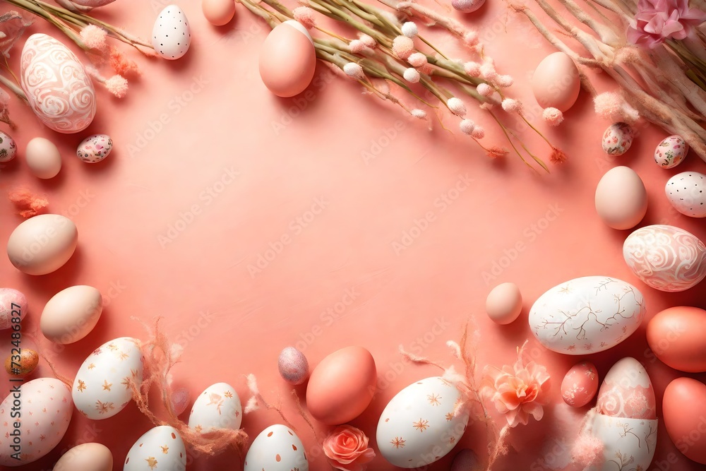 Gentle coral-toned backdrop adorned with whimsical Easter decorations and a variety of eggs, providing a magical backdrop for your celebratory text