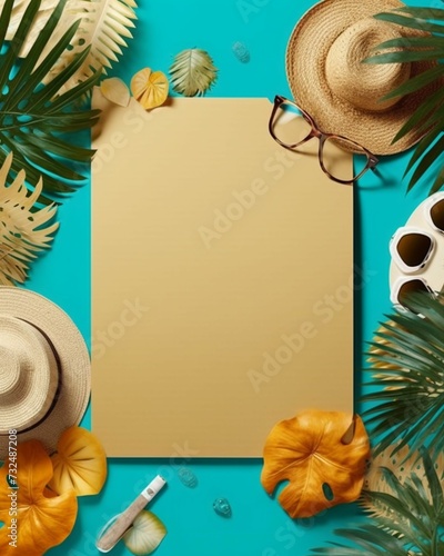 AI generated illustration of beach accessories, including a straw hat, and sunglasses photo