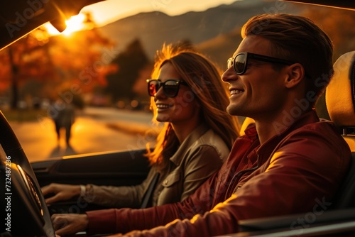 In the glow of the setting sun, a couple cruises in a convertible car with the top down, relishing the freedom of the open road © Dejan