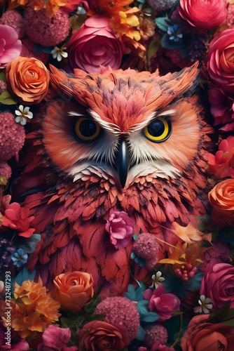 AI generated illustration of a pink owl in vibrant flowers