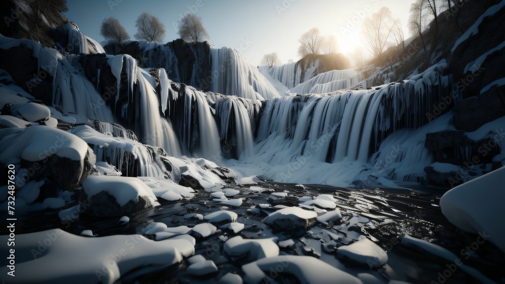 Fototapeta premium AI generated illustration of a stunning waterfall cascading down over a rocky terrain, with icy snow
