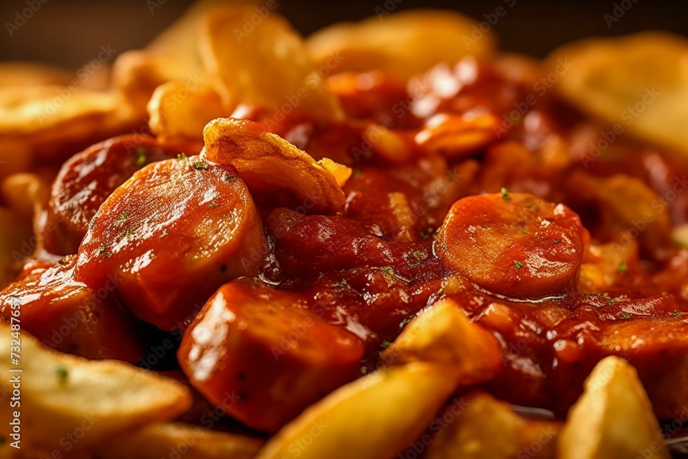 AI generated illustration of a close-up of a plate of French fries and a juicy piece of meat AI generated illustration of a close-up of a plate of French fries and a juicy piece of meat
