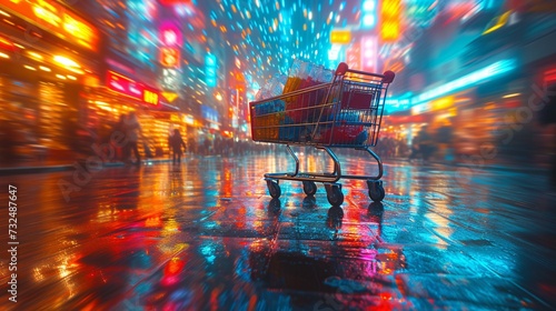 Neon Night Shopping Cart: A Colorful, Vibrant, and Trendy Sight Generative AI