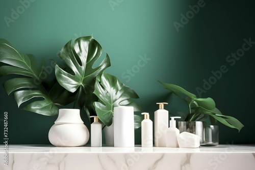 AI generated illustration of a stylish indoor setting featuring decorative vases with green plants photo