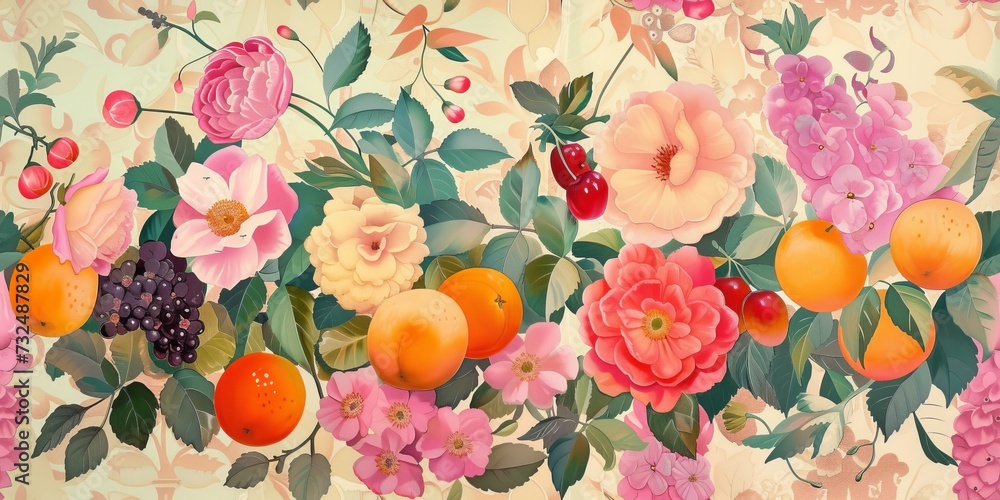 Vibrant hand-painted floral and fruit seamless pattern with colorful blooms flowers and fruits, bright floral background. Botanical wallpaper with gold. Vibrant hand-painted floral and fruit seamless pattern with colorful blooms flowers and fruits, bright floral background. Botanical wallpaper with gold.