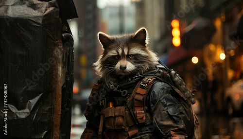 a small raccoon with an outfit and backpack looks out over the road