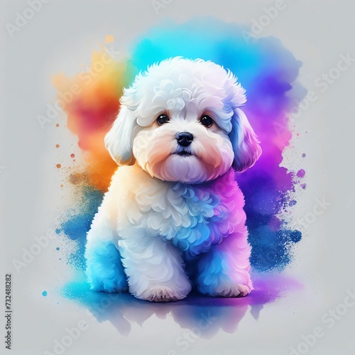 AI generated illustration of a bichon frise puppy with abstract watercolor powdery patterns photo