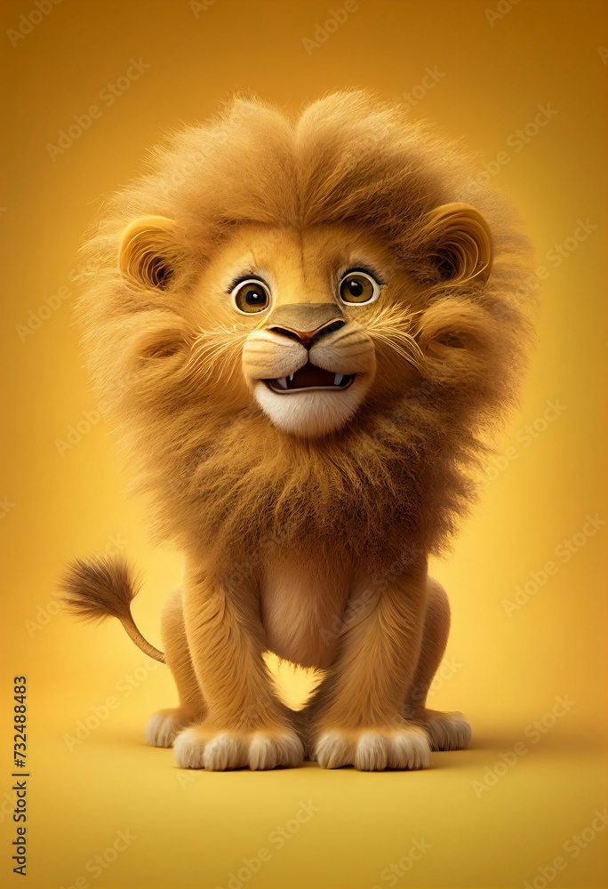 AI generated illustration of a cute lion on a yellow background AI generated illustration of a cute lion on a yellow background