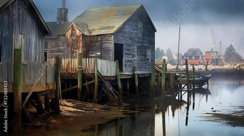 AI generated illustration of a landscape featuring traditional wooden houses built on stilts