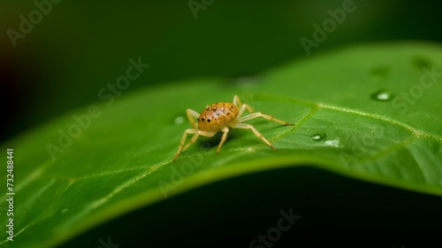 AI generated spider perched on a lush green leaf in a forest setting