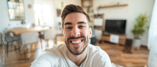 Um homem feliz sorrindo usando uma camiseta branca tirando uma selfie em casa  photo