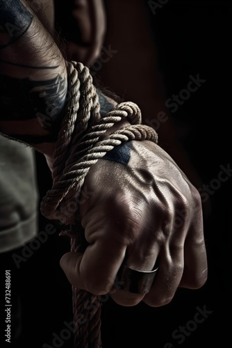 AI generated illustration of a strong tattooed male hand with a rope around it © Wirestock