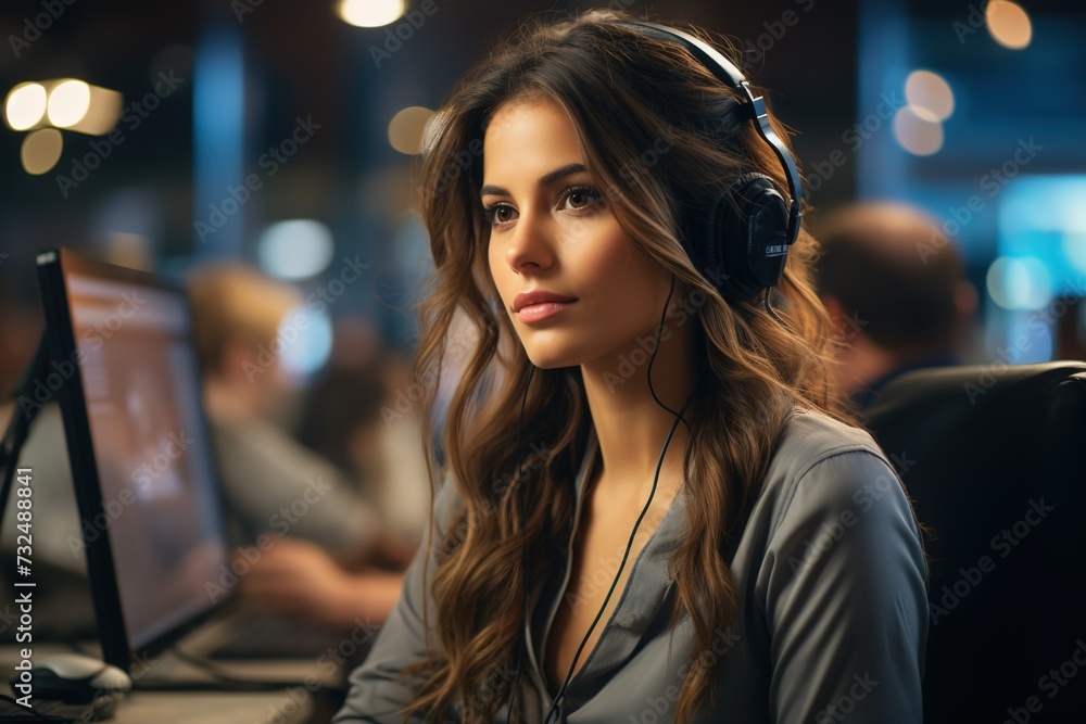In this portrayal, a committed female call center agent demonstrates unwavering focus and dedication as she assists customers with their inquiries In this portrayal, a committed female call center agent demonstrates unwavering focus and dedication as she assists customers with their inquiries