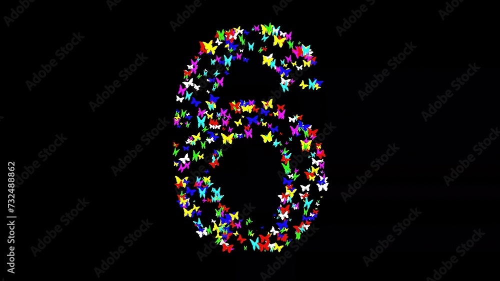 Beautiful illustration of number 6 with colorful butterflies on plain black background
