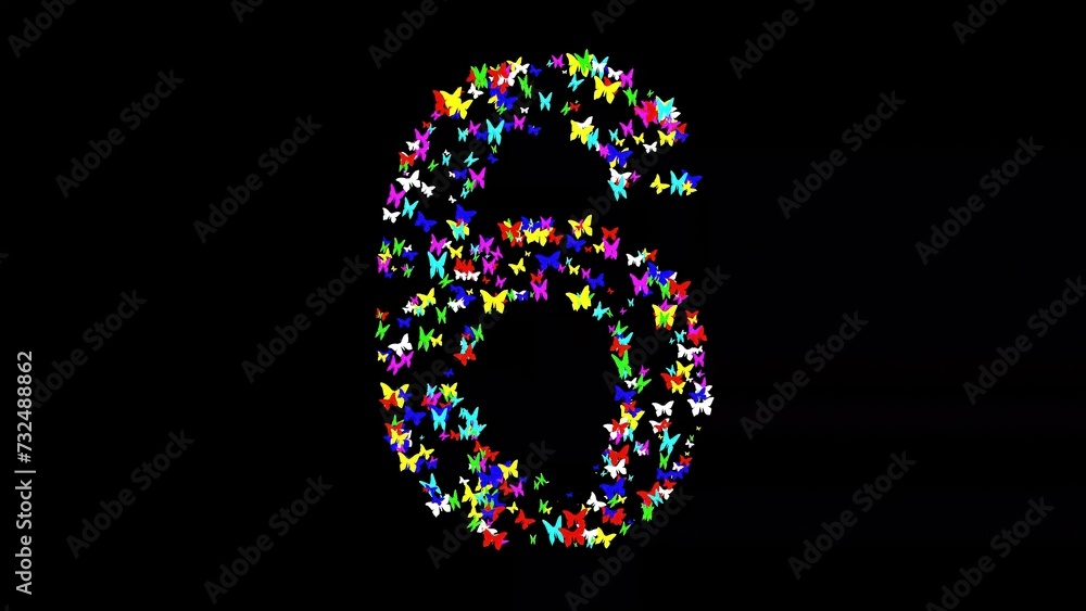 Beautiful illustration of number 6 with colorful butterflies on plain black background Beautiful illustration of number 6 with colorful butterflies on plain black background