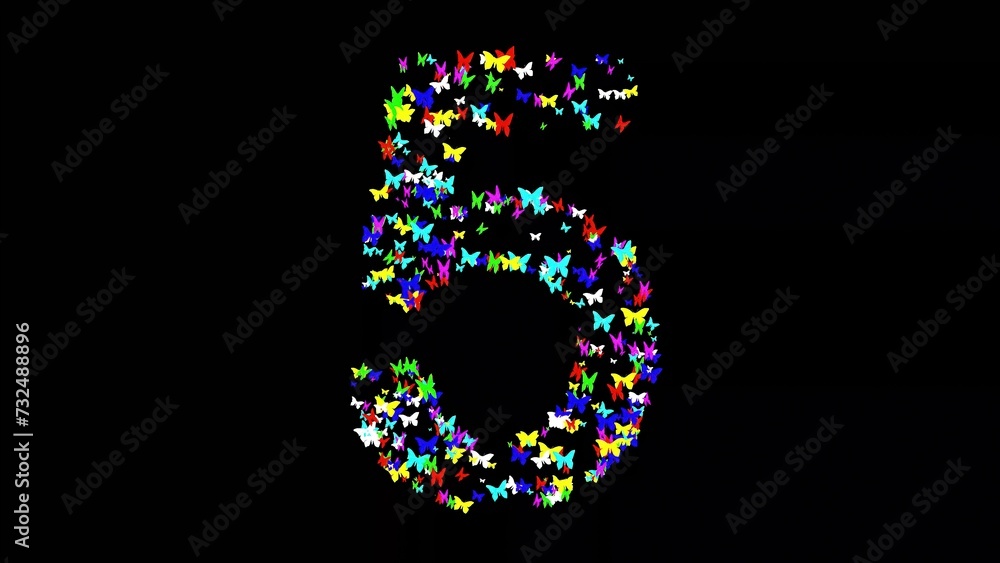 Beautiful illustration of number 5 with colorful butterflies on plain black background