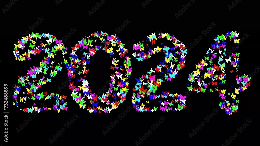 Beautiful illustration of 2024 with colorful butterflies on plain black background