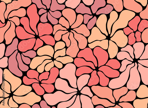  Cute abstract flowers endless background in trendy naive Matisse art style. Bright organic flat wavy shapes in trendy color of the year peach fuzz tones.